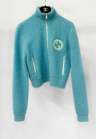 Gucci blue large logo double G wool zipper jacket