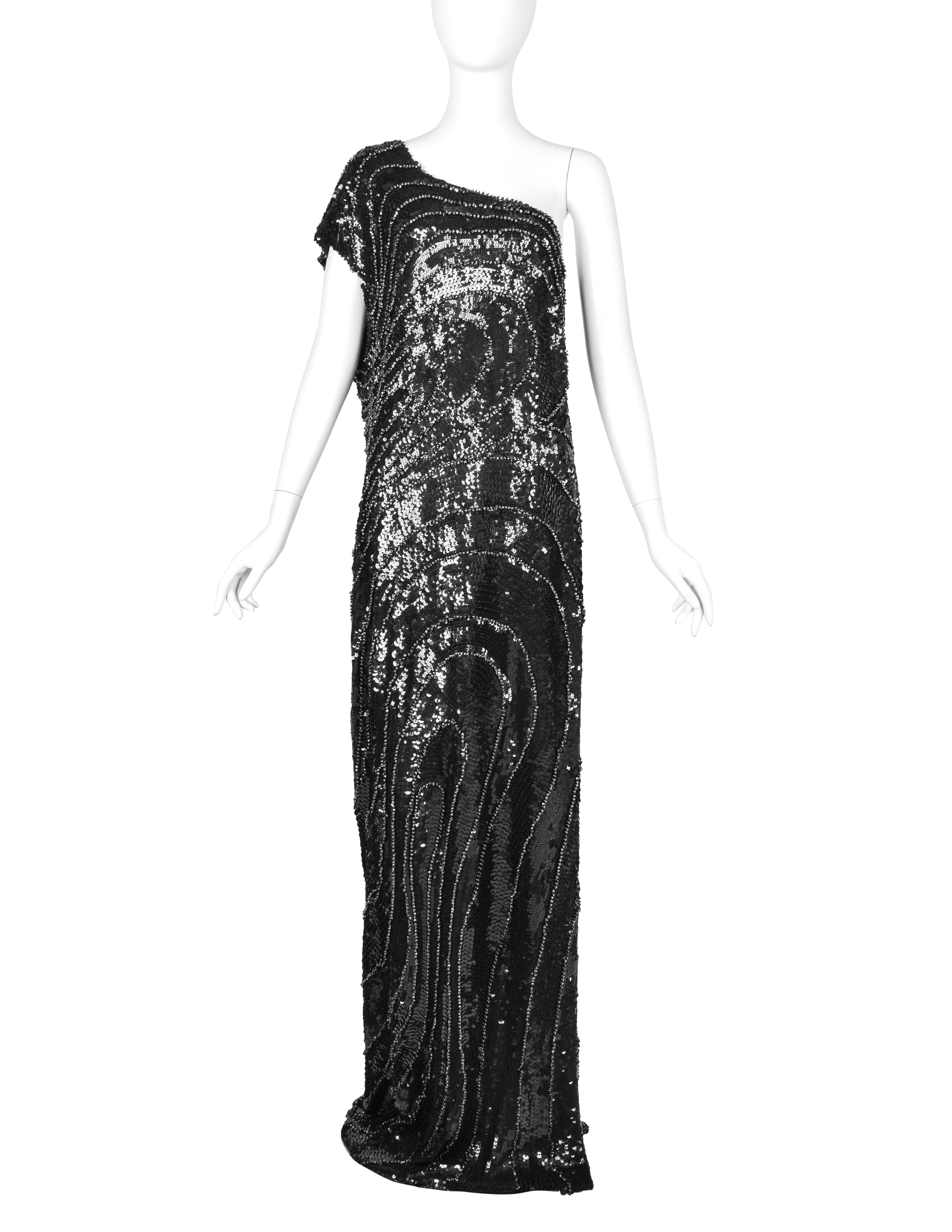 Krizia Vintage AW 2006 Black Silver Beaded Sequin Silk One Shoulder Gown