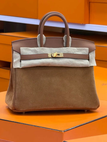 Hermès Birkin 25 Gold Swift and Grizzly Suede Leather Gold Hardware