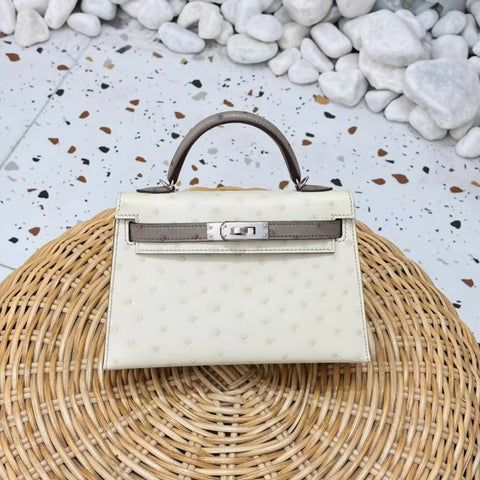 Hermès Mini Kelly Beton & Gris Asphalt Ostrich Leather Palladium Hardware