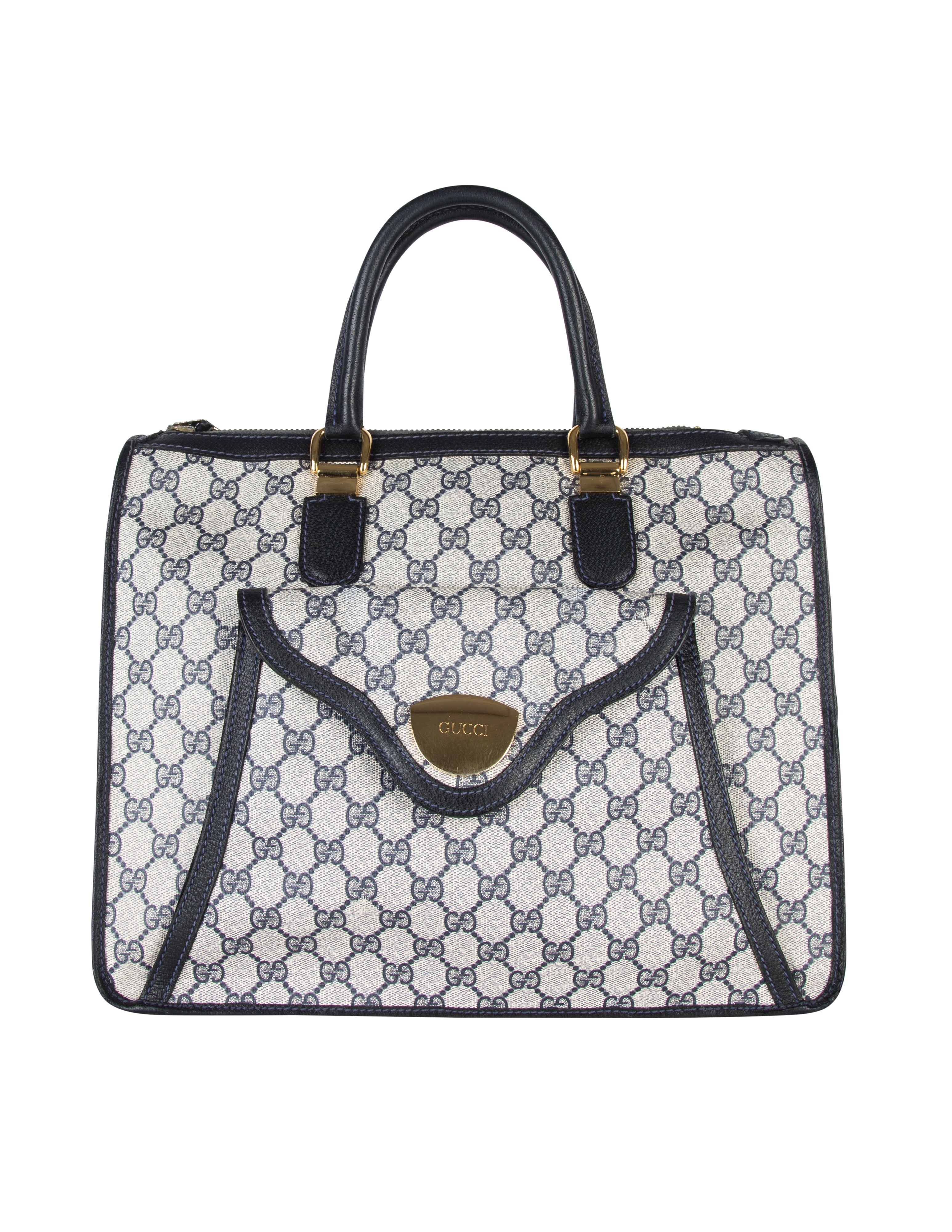 Gucci Vintage 1970s Blue Monogram Large Top Handle Tote Bag