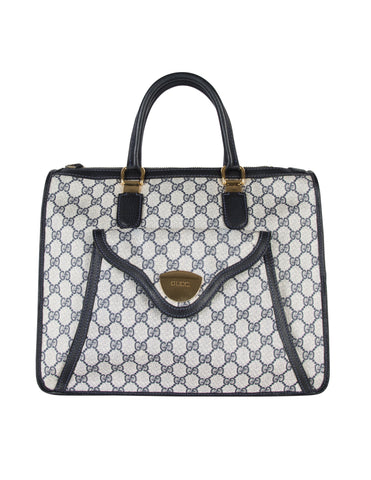 Gucci Vintage 1970s Blue Monogram Large Top Handle Tote Bag