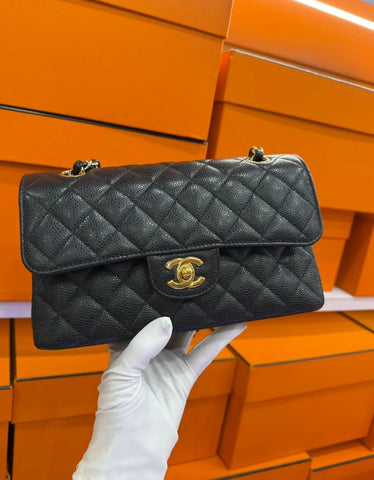 Chanel black lychee leather flap bag gold hardware