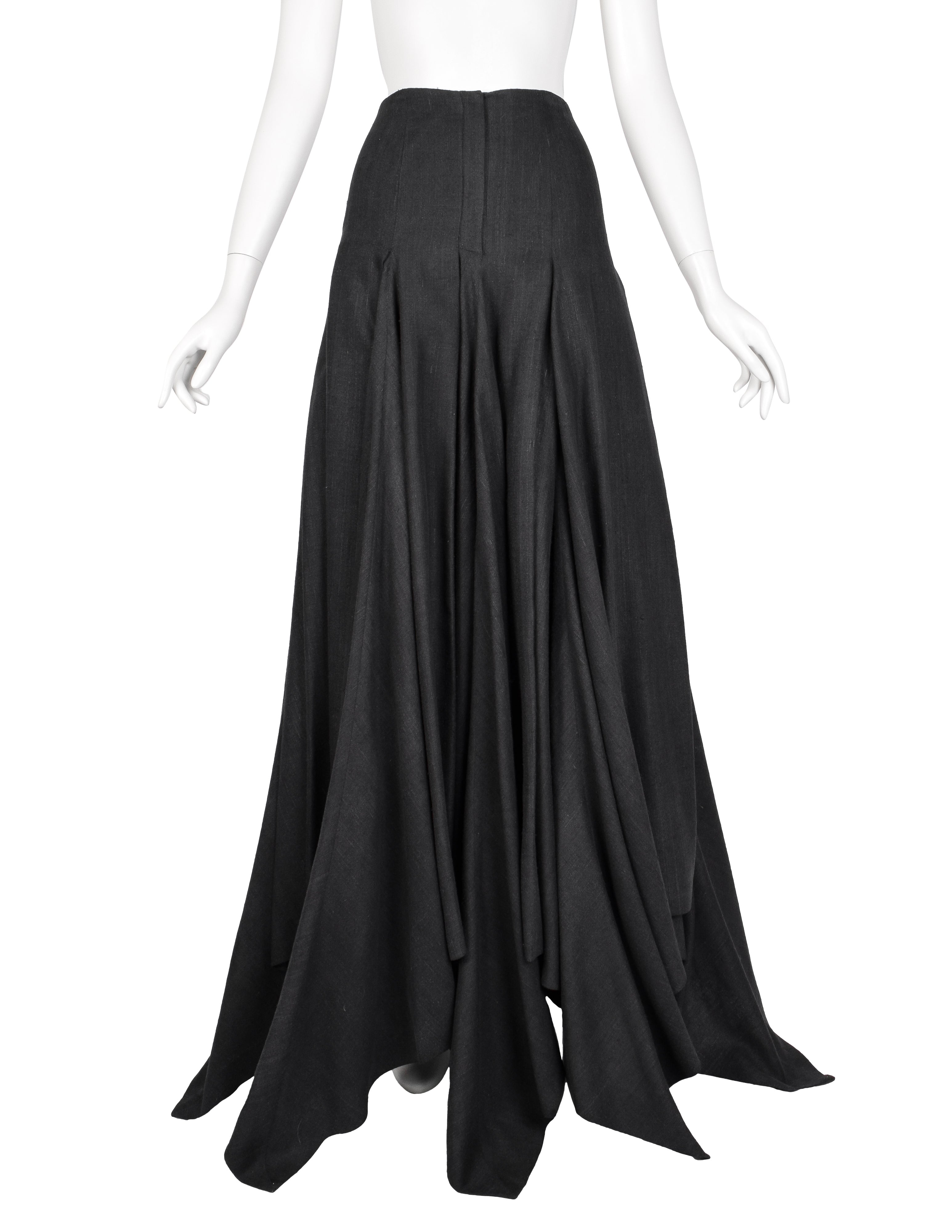 Olivier Theyskens Vintage AW 1999 Deepest Charcoal Grey Raw Silk Pointed Full Length Skirt