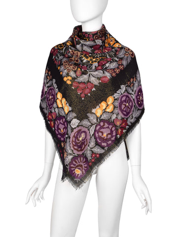 Oscar de la Renta Vintage Multicolor Floral and Sparkly Lurex Large Pashmina Shawl Scarf