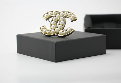 Chanel B19V Imitation Pearl & Metal Frame CC Brooch