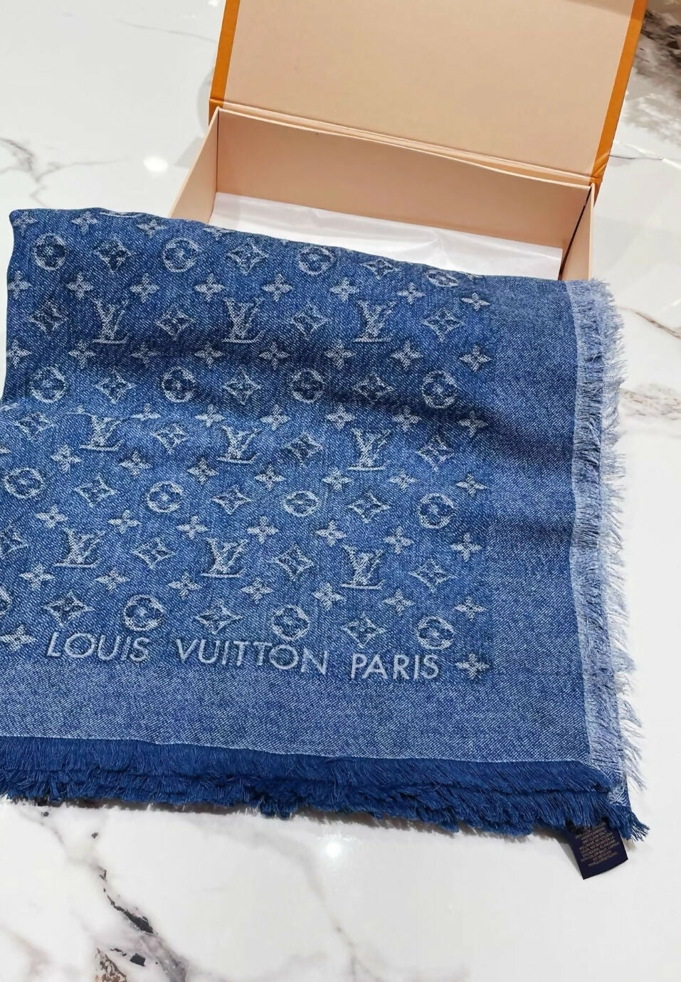 Lv Louis Vuitton denim blue scarf double-sided jacquard
