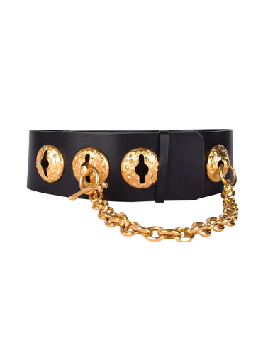 Schiaparelli SS 2022 Surrealist Golden Nipples Black Leather Wide Waist Belt