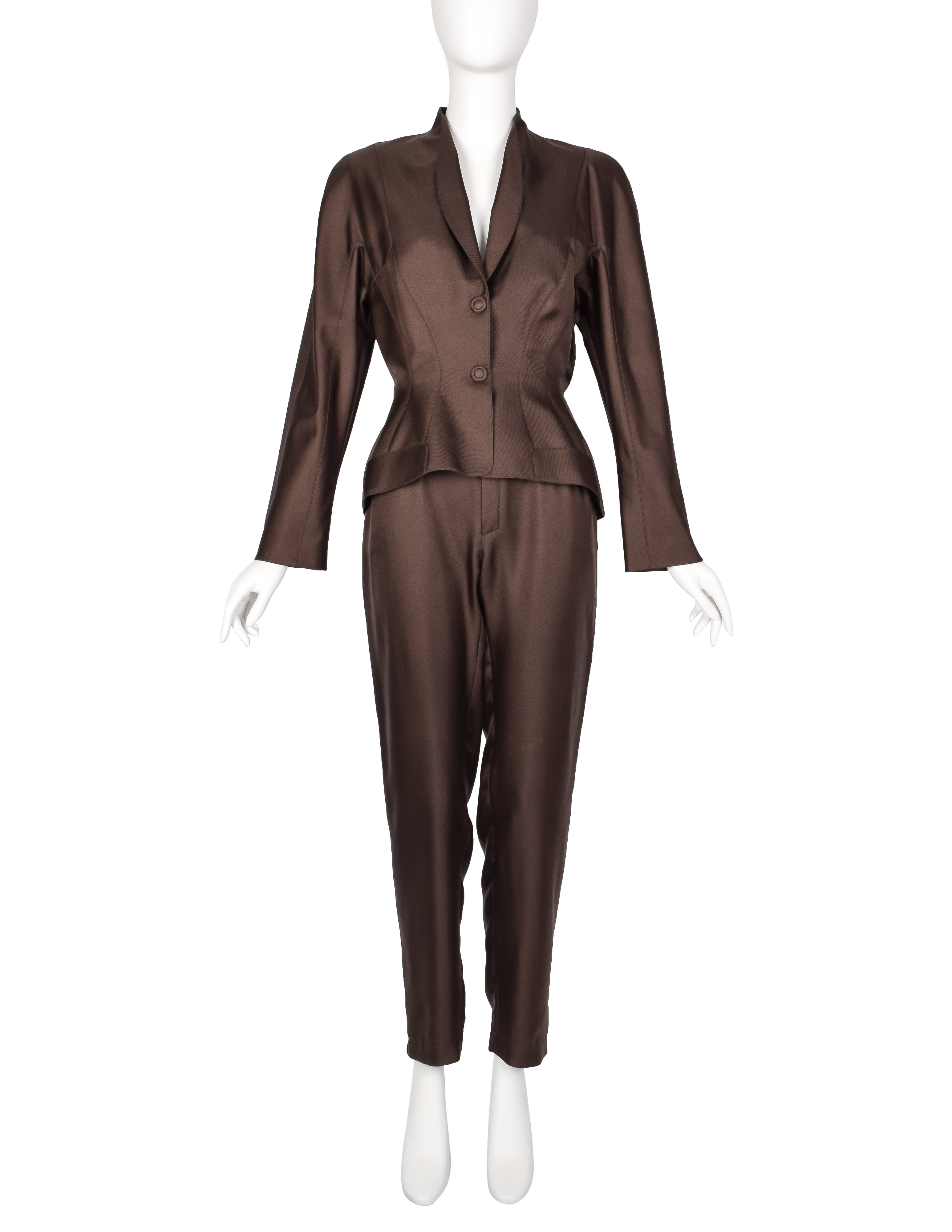 Thierry Mugler Vintage 1990s Chocolate Brown Silk Sculpted Jacket and Pant Suit