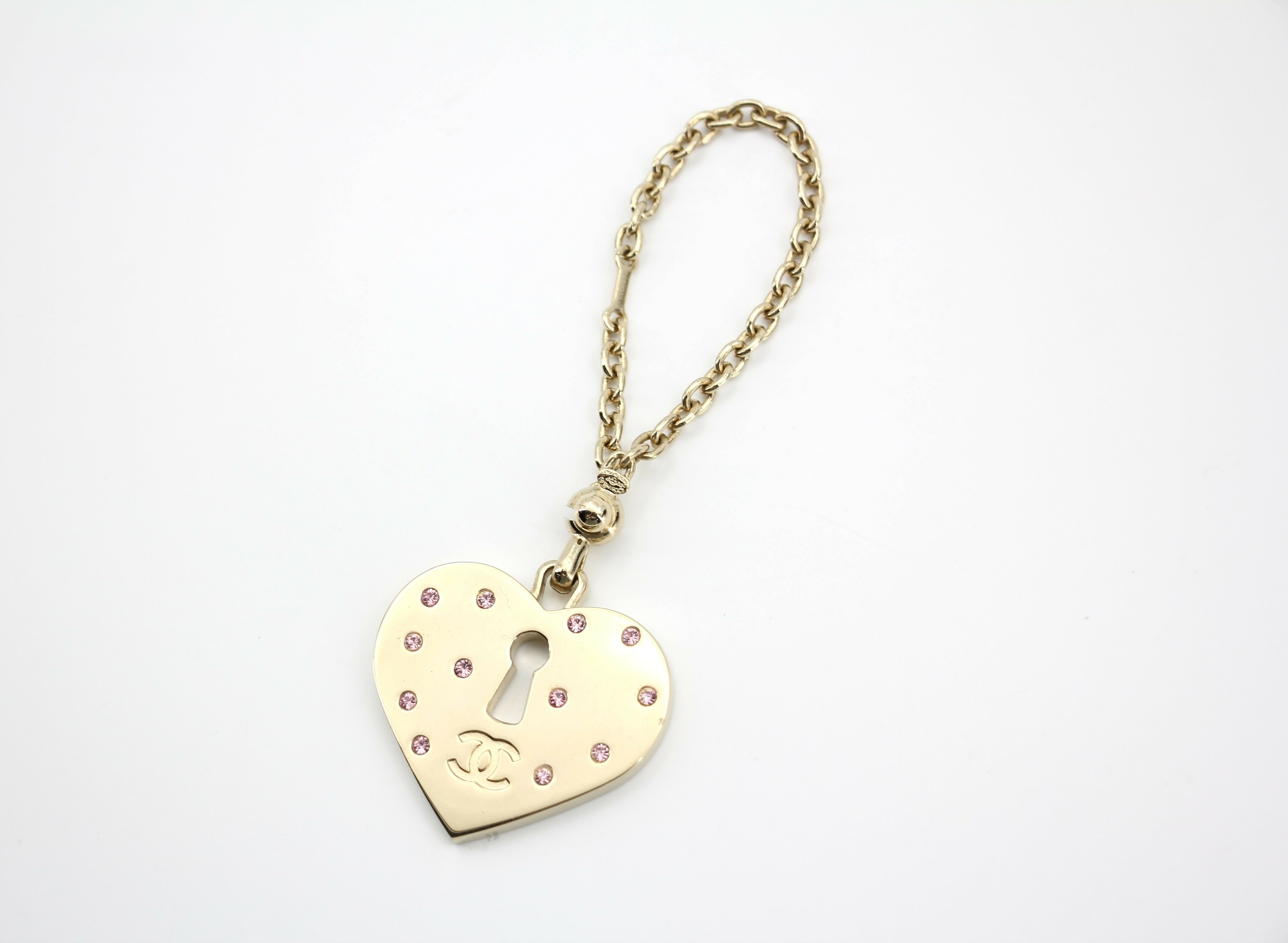 Chanel Vintage 02P Pink Rhinestone Heart Padlock Charm
