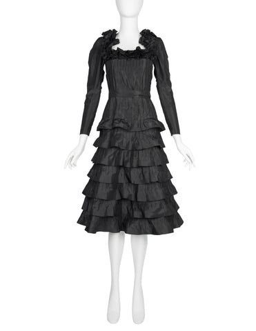 Yves Saint Laurent Haute Couture Vintage AW 1971 Black Silk Taffeta Ruffled Dress